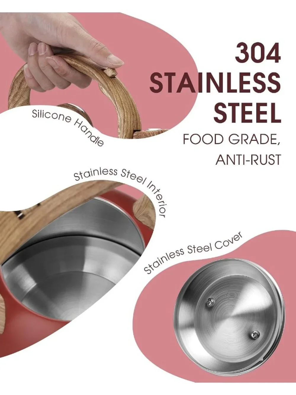 Red Whistling Tea kettles 2.1 Quart Stainless Steel Stovetop with Wood Handle